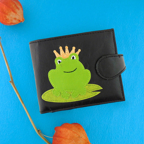 LAVISHY fun & Eco-friendly frog prince charming applique vegan medium bifold wallet. Great for everyday use, cool gift for family & friends. Wholesale at www.lavishy.com for gift shops, clothing & fashion accessories boutiques, book stores in Canada, USA & worldwide since 2001.