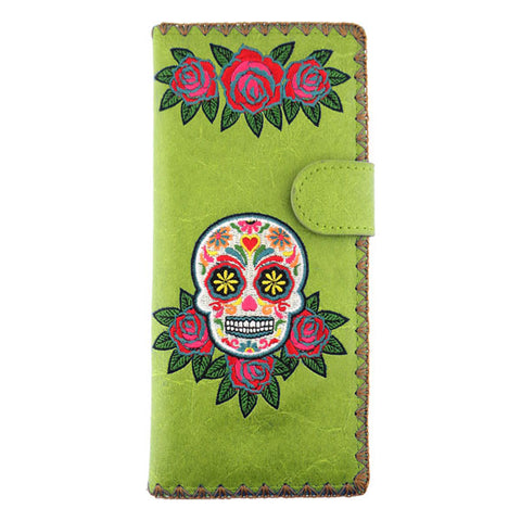 97-188: Sugar skull embroidered vegan large flat wallet