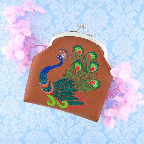 LAVISHY  peacock & feather embroidered kiss lock frame vegan coin purse for everyday use or a gift for family & friends. Wholesale at www.lavishy.com