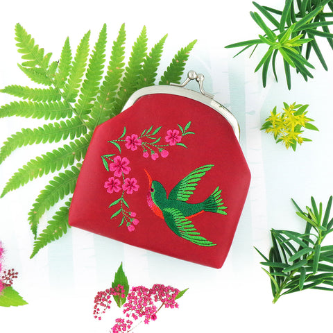LAVISHY Hummingbird & flower embroidered vegan coin purse