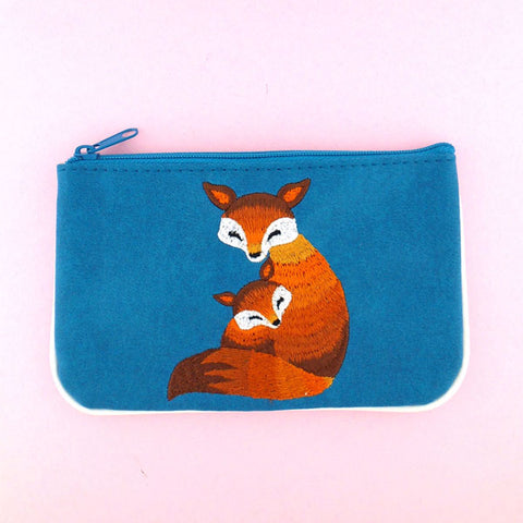97-579: Fox mama & baby embroidered vegan small pouch
