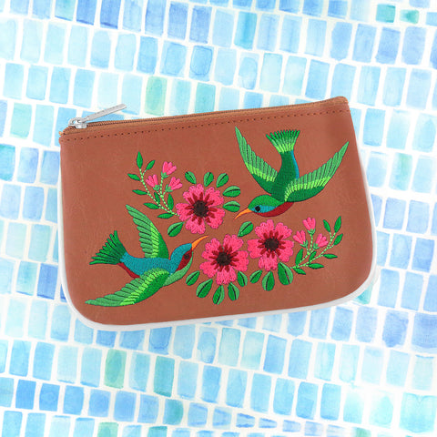 LAVISHY hummingbird & tropical flower embroidered vegan small pouch/coin purse for everyday use or a gift for family & friends. Wholesale at www.lavishy.com