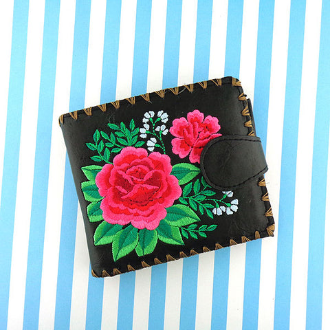 LAVISHY Eco-friendly bohemian style Mexican rose flower pattern embroidered vegan medium bifold wallet for women-black wallet. Eco-friendly & cruelty free. Great for everyday use, a lovely gift idea for family & friends who love Mexico & Mexican culture. Wholesale at www.lavishy.com