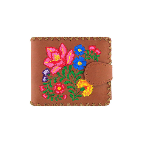 Brown LAVISHY mexican style flora pattern  medium embroidery bifold wallet for women. Great for everyday use or gift for family & friend. Wholesale at www.lavishy.com