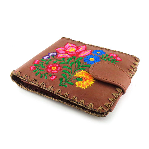 Brown LAVISHY mexican style flora pattern  medium embroidery bifold wallet for women. Great for everyday use or gift for family & friend. Wholesale at www.lavishy.com