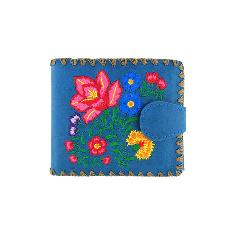 Blue LAVISHY mexican style flora pattern  medium embroidery bifold wallet for women. Great for everyday use or gift for family & friend. Wholesale at www.lavishy.com