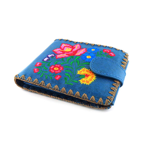 Blue LAVISHY mexican style flora pattern  medium embroidery bifold wallet for women. Great for everyday use or gift for family & friend. Wholesale at www.lavishy.com