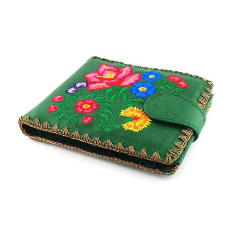 Green LAVISHY mexican style flora pattern  medium embroidery bifold wallet for women. Great for everyday use or gift for family & friend. Wholesale at www.lavishy.com