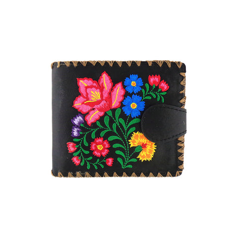 Black LAVISHY mexican style flora pattern  medium embroidery bifold wallet for women. Great for everyday use or gift for family & friend. Wholesale at www.lavishy.com