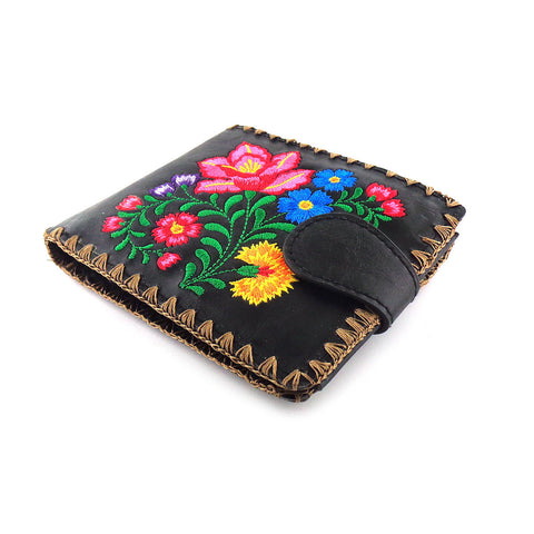 Black LAVISHY mexican style flora pattern  medium embroidery bifold wallet for women. Great for everyday use or gift for family & friend. Wholesale at www.lavishy.com