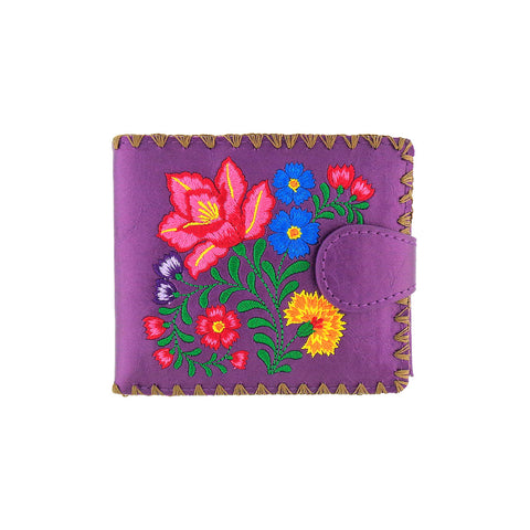 Purple LAVISHY mexican style flora pattern  medium embroidery bifold wallet for women. Great for everyday use or gift for family & friend. Wholesale at www.lavishy.com