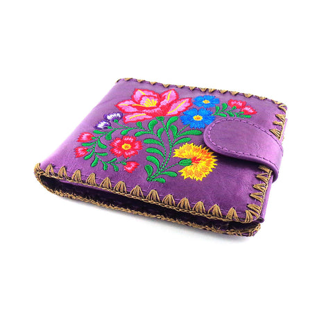 Purple LAVISHY mexican style flora pattern  medium embroidery bifold wallet for women. Great for everyday use or gift for family & friend. Wholesale at www.lavishy.com