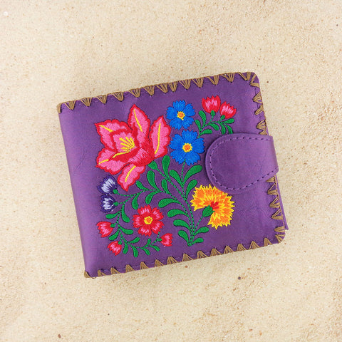 Purple LAVISHY mexican style flora pattern  medium embroidery bifold wallet for women. Great for everyday use or gift for family & friend. Wholesale at www.lavishy.com