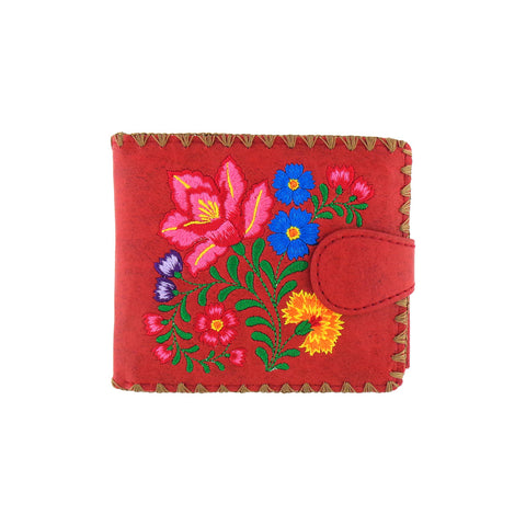 Red LAVISHY mexican style flora pattern  medium embroidery bifold wallet for women. Great for everyday use or gift for family & friend. Wholesale at www.lavishy.com