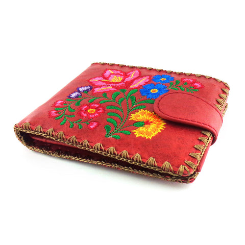 Red LAVISHY mexican style flora pattern  medium embroidery bifold wallet for women. Great for everyday use or gift for family & friend. Wholesale at www.lavishy.com