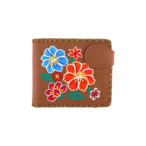 LAVISHY Eco-friendly bohemian style Mexican oilcloth style hibiscus flower pattern embroidered vegan bifold medium wallet for women.