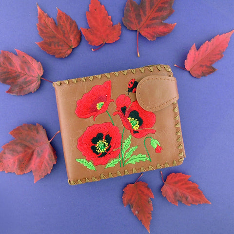 LAVISHY poppy flower embroidered medium bi-fold wallet for women