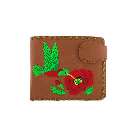 LAVISHY hummingbird & poppy flower embroidered medium bifold vegan wallet for women. Eco-friendly, ethically made, cruelty free. Great gift ideas for family