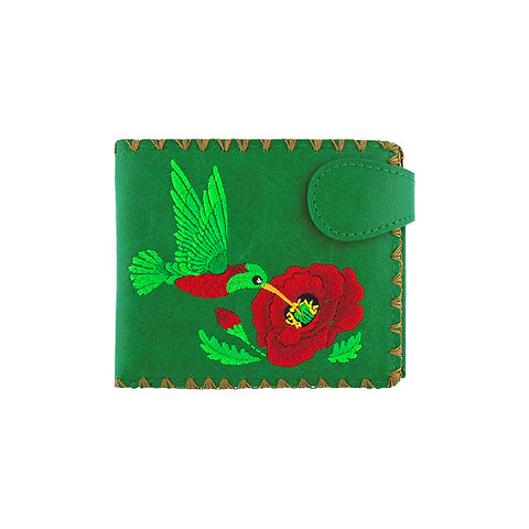 LAVISHY hummingbird & poppy flower embroidered medium bifold vegan wallet for women. Eco-friendly, ethically made, cruelty free. Great gift ideas for family
