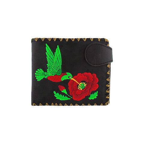 LAVISHY hummingbird & poppy flower embroidered medium bifold vegan wallet for women. Eco-friendly, ethically made, cruelty free. Great gift ideas for family