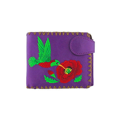 LAVISHY hummingbird & poppy flower embroidered medium bifold vegan wallet for women. Eco-friendly, ethically made, cruelty free. Great gift ideas for family