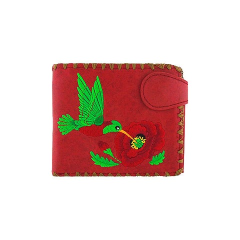 LAVISHY hummingbird & poppy flower embroidered medium bifold vegan wallet for women. Eco-friendly, ethically made, cruelty free. Great gift ideas for family