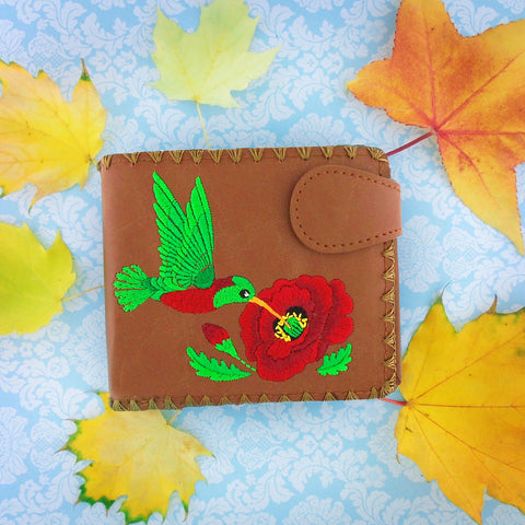 LAVISHY hummingbird & poppy flower embroidered medium bifold vegan wallet for women. Eco-friendly, ethically made, cruelty free. Great gift ideas for family