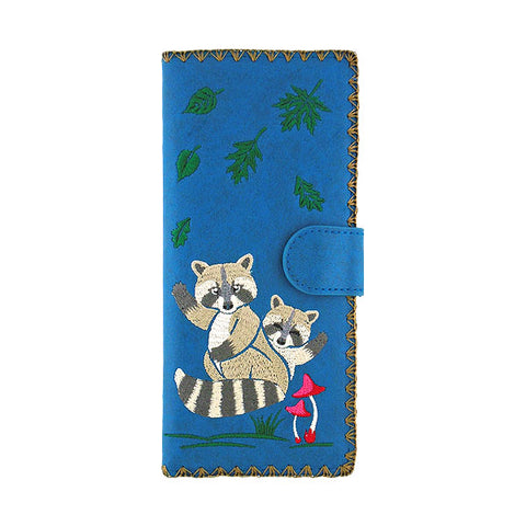 LAVISHY Eco-friendly raccoon mama & baby embroidered vegan large flat wallet for women. This blue wallet is great for everyday use, lovely gift idea for family & friends especially for people who love animal, fond of raccoon or just love emboridery. Online shopping at LAVISHY BOUTIQUE. Wholesale at www.lavishy.com