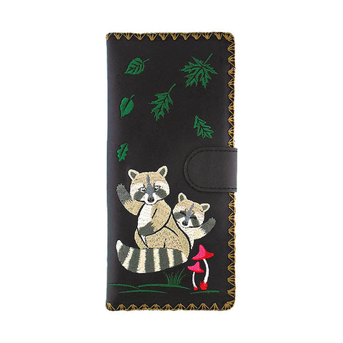 LAVISHY Eco-friendly raccoon mama & baby embroidered vegan large flat wallet for women. This back wallet is great for everyday use, lovely gift idea for family & friends especially for people who love animal, fond of raccoon or just love emboridery. Online shopping at LAVISHY BOUTIQUE. Wholesale at www.lavishy.com