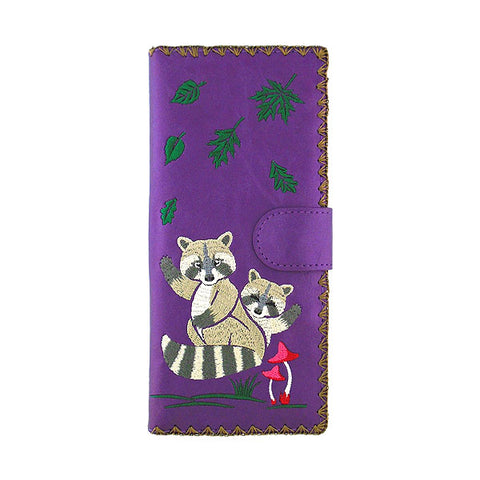 LAVISHY Eco-friendly raccoon mama & baby embroidered vegan large flat wallet for women. This purple wallet is great for everyday use, lovely gift idea for family & friends especially for people who love animal, fond of raccoon or just love emboridery. Online shopping at LAVISHY BOUTIQUE. Wholesale at www.lavishy.com