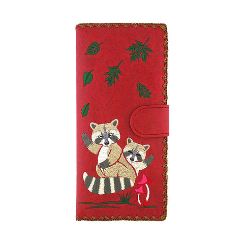 LAVISHY Eco-friendly raccoon mama & baby embroidered vegan large flat wallet for women. This red wallet is great for everyday use, lovely gift idea for family & friends especially for people who love animal, fond of raccoon or just love emboridery. Online shopping at LAVISHY BOUTIQUE. Wholesale at www.lavishy.com