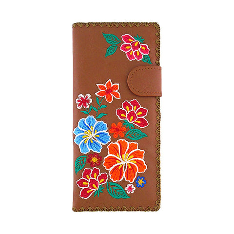LAVISHY Eco-friendly bohemian style Mexican oilcloth style hibiscus pattern embroidered vegan large flat wallet for women. This brown wallet is great for everyday use, lovely gift idea for family & friends especially for people who celebrate Mexico & Mexican culture or just love flowers. Online shopping at LAVISHY BOUTIQUE. Wholesale at www.lavishy.com