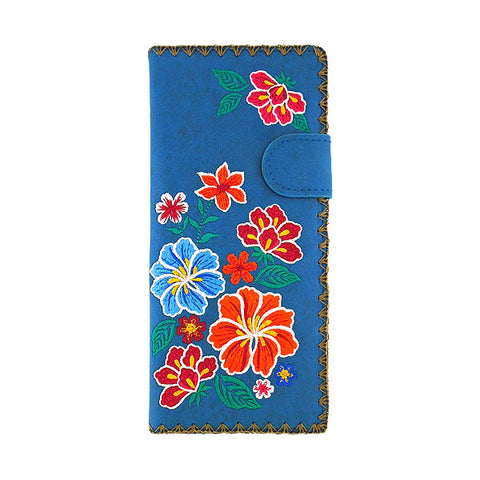 LAVISHY Eco-friendly bohemian style Mexican oilcloth style hibiscus pattern embroidered vegan large flat wallet for women. This blue wallet is great for everyday use, lovely gift idea for family & friends especially for people who celebrate Mexico & Mexican culture or just love flowers. Online shopping at LAVISHY BOUTIQUE. Wholesale at www.lavishy.com