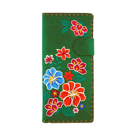 LAVISHY Eco-friendly bohemian style Mexican oilcloth style hibiscus pattern embroidered vegan large flat wallet for women. This green wallet is great for everyday use, lovely gift idea for family & friends especially for people who celebrate Mexico & Mexican culture or just love flowers. Online shopping at LAVISHY BOUTIQUE. Wholesale at www.lavishy.com