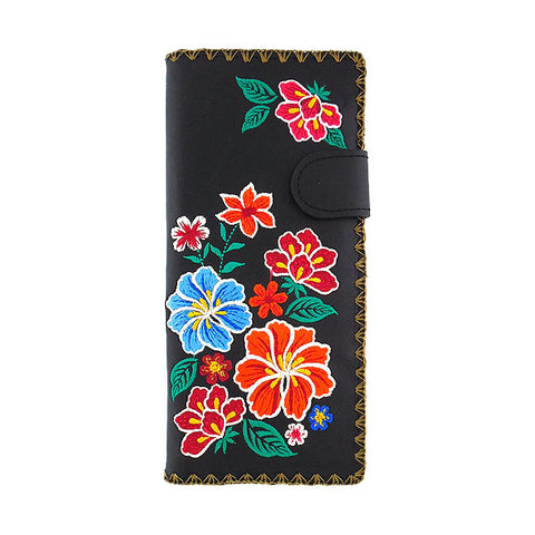 LAVISHY Eco-friendly bohemian style Mexican oilcloth style hibiscus pattern embroidered vegan large flat wallet for women. This black wallet is great for everyday use, lovely gift idea for family & friends especially for people who celebrate Mexico & Mexican culture or just love flowers. Online shopping at LAVISHY BOUTIQUE. Wholesale at www.lavishy.com