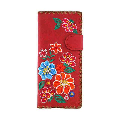 LAVISHY Eco-friendly bohemian style Mexican oilcloth style hibiscus pattern embroidered vegan large flat wallet for women. This red wallet is great for everyday use, lovely gift idea for family & friends especially for people who celebrate Mexico & Mexican culture or just love flowers. Online shopping at LAVISHY BOUTIQUE. Wholesale at www.lavishy.com