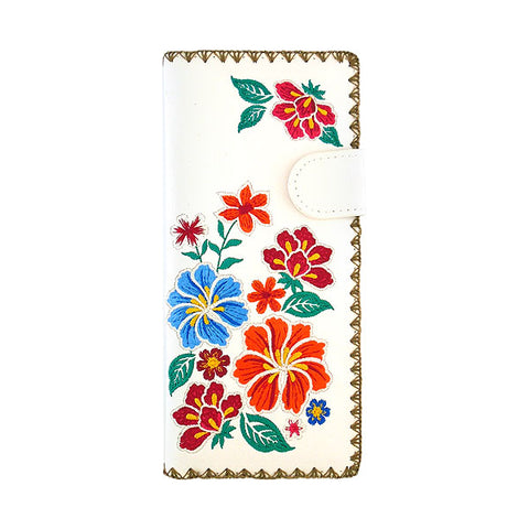 LAVISHY Eco-friendly bohemian style Mexican oilcloth style hibiscus pattern embroidered vegan large flat wallet for women. This white wallet is great for everyday use, lovely gift idea for family & friends especially for people who celebrate Mexico & Mexican culture or just love flowers. Online shopping at LAVISHY BOUTIQUE. Wholesale at www.lavishy.com