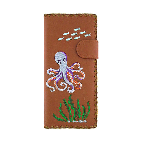 LAVISHY Eco-friendly octopus embroidered vegan large flat wallet for women. This brown wallet is great for everyday use, travel, or as fun gift idea for family & friends especially for people who love nautical / coastal lifestyle or simply love octopus. Online shopping at LAVISHY BOUTIQUE. Wholesale at www.lavishy.com.