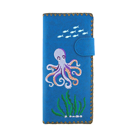 LAVISHY Eco-friendly octopus embroidered vegan large flat wallet for women. This blue wallet is great for everyday use, travel, or as fun gift idea for family & friends especially for people who love nautical / coastal lifestyle or simply love octopus. Online shopping at LAVISHY BOUTIQUE. Wholesale at www.lavishy.com.