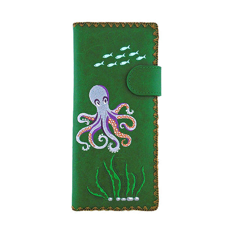 LAVISHY Eco-friendly octopus embroidered vegan large flat wallet for women. This green wallet is great for everyday use, travel, or as fun gift idea for family & friends especially for people who love nautical / coastal lifestyle or simply love octopus. Online shopping at LAVISHY BOUTIQUE. Wholesale at www.lavishy.com.