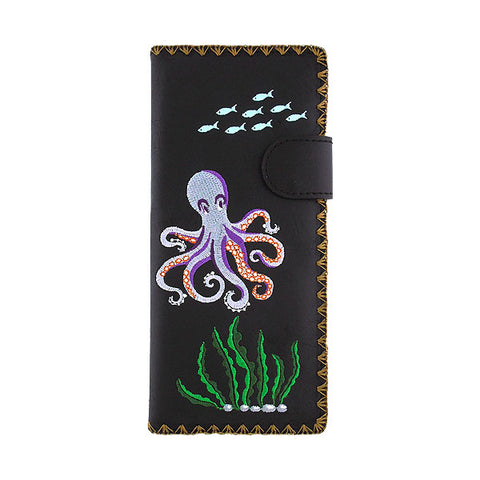 LAVISHY Eco-friendly octopus embroidered vegan large flat wallet for women. This black wallet is great for everyday use, travel, or as fun gift idea for family & friends especially for people who love nautical / coastal lifestyle or simply love octopus. Online shopping at LAVISHY BOUTIQUE. Wholesale at www.lavishy.com.