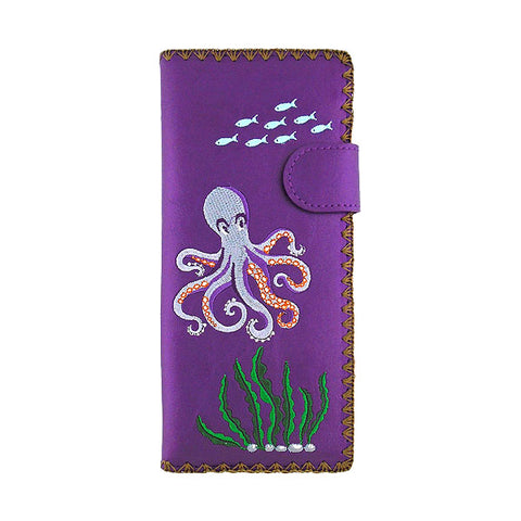 LAVISHY Eco-friendly octopus embroidered vegan large flat wallet for women. This purple wallet is great for everyday use, travel, or as fun gift idea for family & friends especially for people who love nautical / coastal lifestyle or simply love octopus. Online shopping at LAVISHY BOUTIQUE. Wholesale at www.lavishy.com.