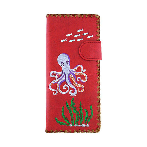 LAVISHY Eco-friendly octopus embroidered vegan large flat wallet for women. This red wallet is great for everyday use, travel, or as fun gift idea for family & friends especially for people who love nautical / coastal lifestyle or simply love octopus. Online shopping at LAVISHY BOUTIQUE. Wholesale at www.lavishy.com.