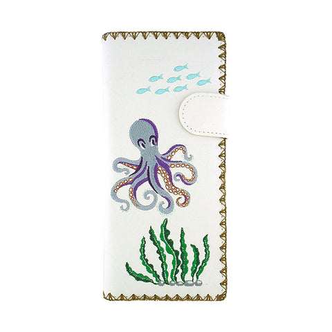 LAVISHY Eco-friendly octopus embroidered vegan large flat wallet for women. This white vegan flat wallet is great for everyday use, travel, or as fun gift idea for family & friends especially for people who love nautical / coastal lifestyle or simply love octopus. Online shopping at LAVISHY BOUTIQUE. Wholesale at www.lavishy.com.