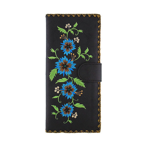 LAVISHY Eco-friendly bohemian style Carnation flower pattern embroidered vegan large flat wallet for women. This back wallet is great for everyday use, lovely gift idea for family & friends especially for people who celebrate Mexico & Mexican culture or just love flowers. Online shopping at LAVISHY BOUTIQUE. Wholesale at www.lavishy.com
