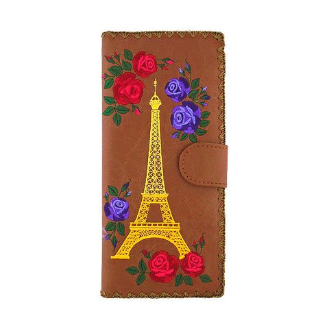 LAVISHY Paris Eiffel Tower & rose embroidery large flat vegan wallet for women. Great for daily use, gift idea for family & friend. Wholesale at www.lavishy.com