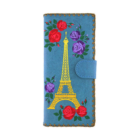 LAVISHY Paris Eiffel Tower & rose embroidery large flat vegan wallet for women. Great for daily use, gift idea for family & friend. Wholesale at www.lavishy.com