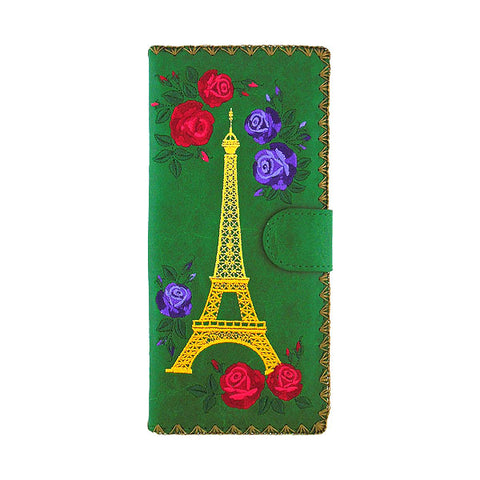 LAVISHY Paris Eiffel Tower & rose embroidery large flat vegan wallet for women. Great for daily use, gift idea for family & friend. Wholesale at www.lavishy.com