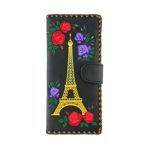 LAVISHY Paris Eiffel Tower & rose embroidery large flat vegan wallet for women. Great for daily use, gift idea for family & friend. Wholesale at www.lavishy.com