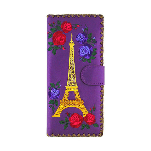 LAVISHY Paris Eiffel Tower & rose embroidery large flat vegan wallet for women. Great for daily use, gift idea for family & friend. Wholesale at www.lavishy.com